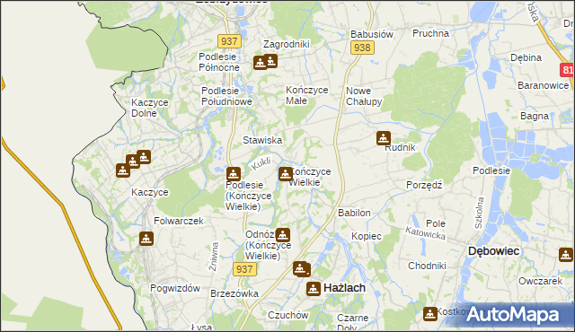 mapa Kończyce Wielkie, Kończyce Wielkie na mapie Targeo