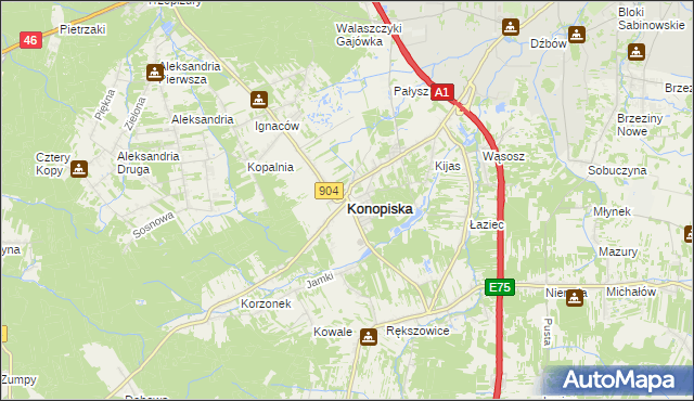 mapa Konopiska powiat częstochowski, Konopiska powiat częstochowski na mapie Targeo