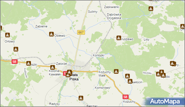 mapa Konopki gmina Biała Piska, Konopki gmina Biała Piska na mapie Targeo