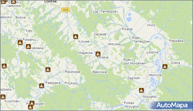 mapa Końskie gmina Dydnia, Końskie gmina Dydnia na mapie Targeo