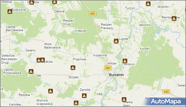 mapa Kopanina gmina Burzenin, Kopanina gmina Burzenin na mapie Targeo