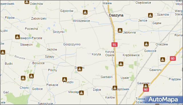 mapa Koryta gmina Daszyna, Koryta gmina Daszyna na mapie Targeo