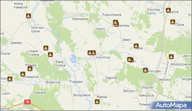 mapa Korytnica gmina Sobków, Korytnica gmina Sobków na mapie Targeo