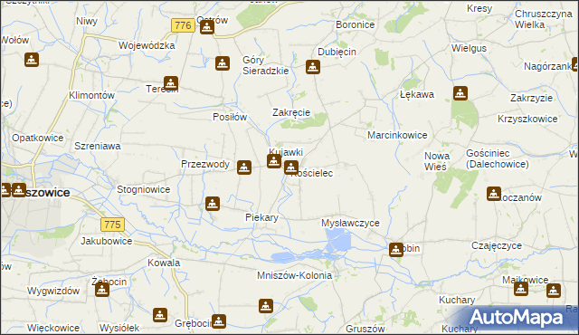 mapa Kościelec gmina Proszowice, Kościelec gmina Proszowice na mapie Targeo