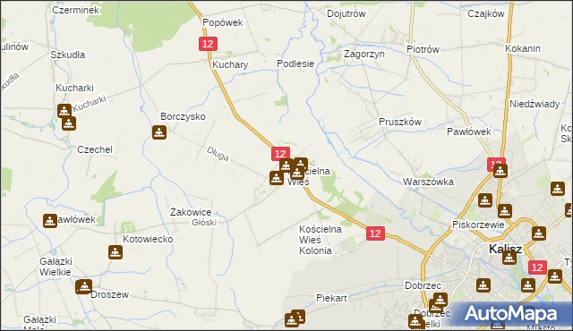 mapa Kościelna Wieś gmina Gołuchów, Kościelna Wieś gmina Gołuchów na mapie Targeo