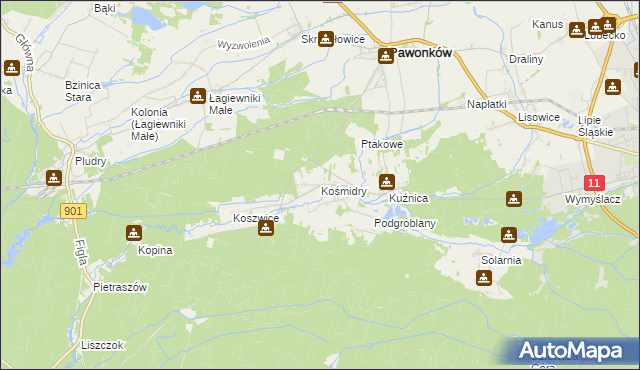 mapa Kośmidry gmina Pawonków, Kośmidry gmina Pawonków na mapie Targeo