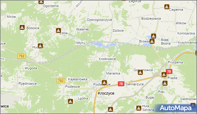 mapa Kostkowice gmina Kroczyce, Kostkowice gmina Kroczyce na mapie Targeo