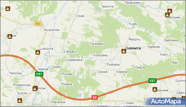 mapa Kostrzewy gmina Galewice, Kostrzewy gmina Galewice na mapie Targeo