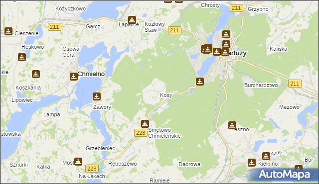 mapa Kosy gmina Kartuzy, Kosy gmina Kartuzy na mapie Targeo