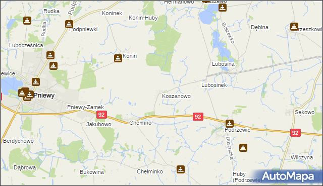 mapa Koszanowo gmina Pniewy, Koszanowo gmina Pniewy na mapie Targeo