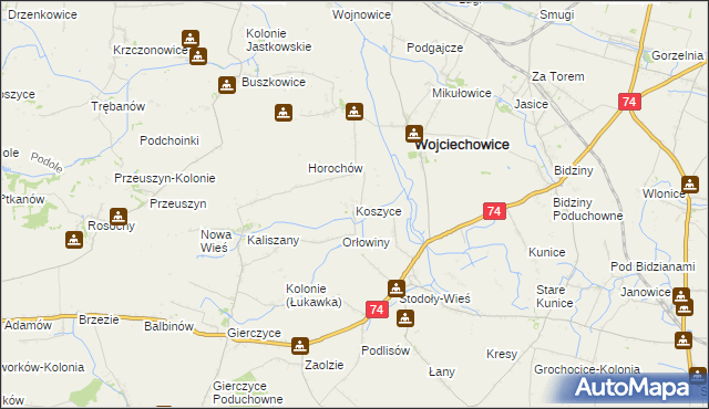 mapa Koszyce gmina Wojciechowice, Koszyce gmina Wojciechowice na mapie Targeo