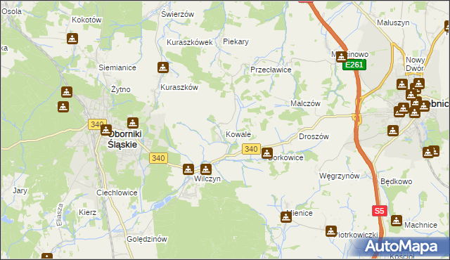 mapa Kowale gmina Oborniki Śląskie, Kowale gmina Oborniki Śląskie na mapie Targeo