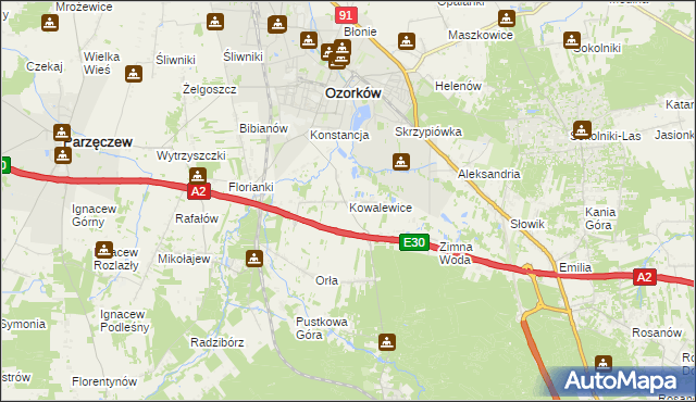 mapa Kowalewice gmina Parzęczew, Kowalewice gmina Parzęczew na mapie Targeo