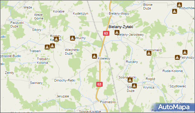 mapa Kowiesy gmina Bielany, Kowiesy gmina Bielany na mapie Targeo