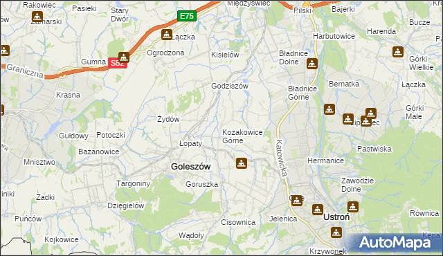 mapa Kozakowice Górne, Kozakowice Górne na mapie Targeo