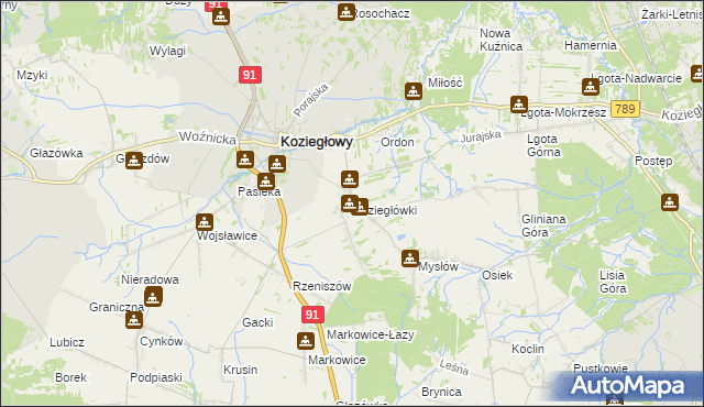 mapa Koziegłówki, Koziegłówki na mapie Targeo