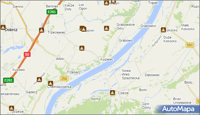 mapa Kozielec gmina Dobrcz, Kozielec gmina Dobrcz na mapie Targeo