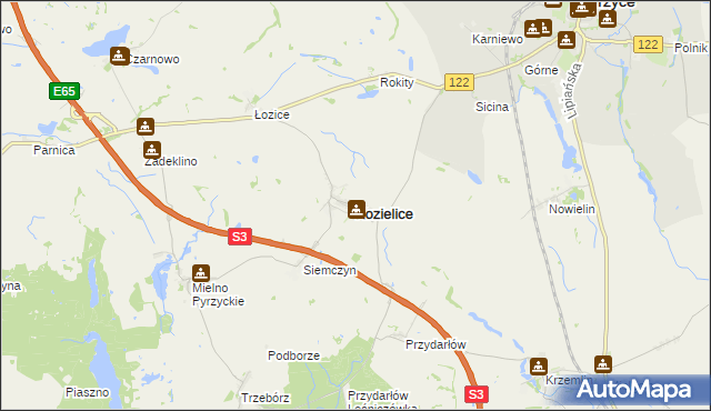 mapa Kozielice powiat pyrzycki, Kozielice powiat pyrzycki na mapie Targeo