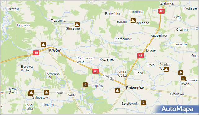 mapa Kozieniec gmina Potworów, Kozieniec gmina Potworów na mapie Targeo