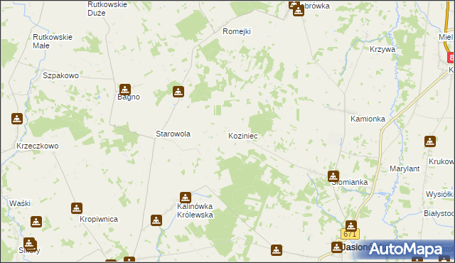 mapa Koziniec gmina Jasionówka, Koziniec gmina Jasionówka na mapie Targeo