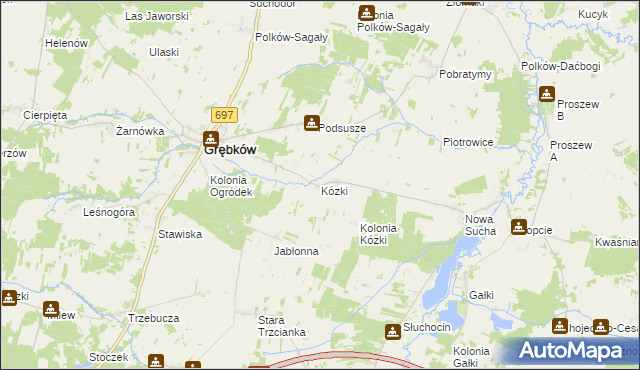 mapa Kózki gmina Grębków, Kózki gmina Grębków na mapie Targeo