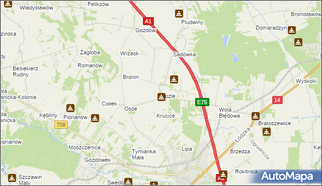 mapa Koźle gmina Stryków, Koźle gmina Stryków na mapie Targeo