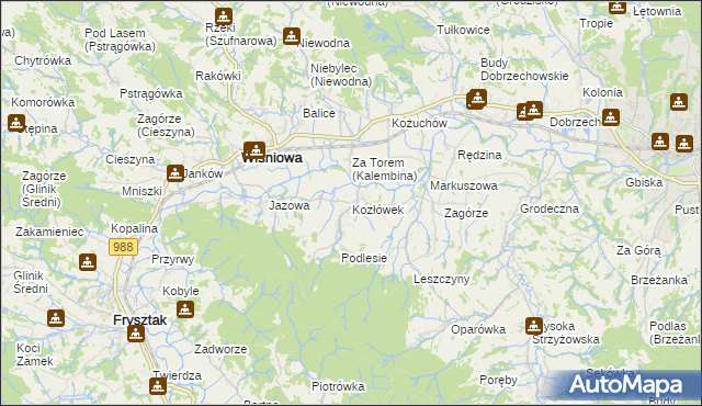 mapa Kozłówek gmina Wiśniowa, Kozłówek gmina Wiśniowa na mapie Targeo