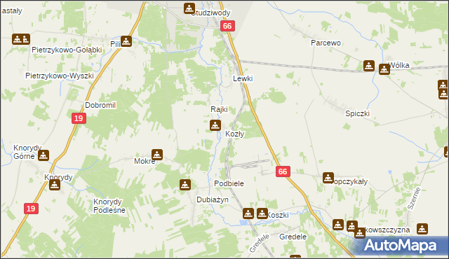 mapa Kozły gmina Bielsk Podlaski, Kozły gmina Bielsk Podlaski na mapie Targeo