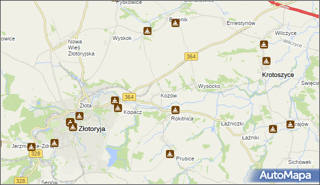 mapa Kozów gmina Złotoryja, Kozów gmina Złotoryja na mapie Targeo