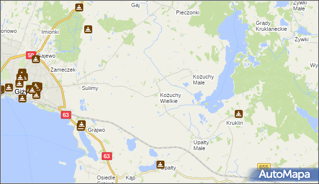 mapa Kożuchy Wielkie, Kożuchy Wielkie na mapie Targeo