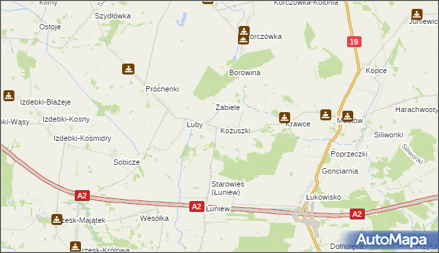 mapa Kożuszki gmina Międzyrzec Podlaski, Kożuszki gmina Międzyrzec Podlaski na mapie Targeo