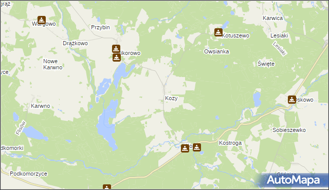 mapa Kozy gmina Czarna Dąbrówka, Kozy gmina Czarna Dąbrówka na mapie Targeo