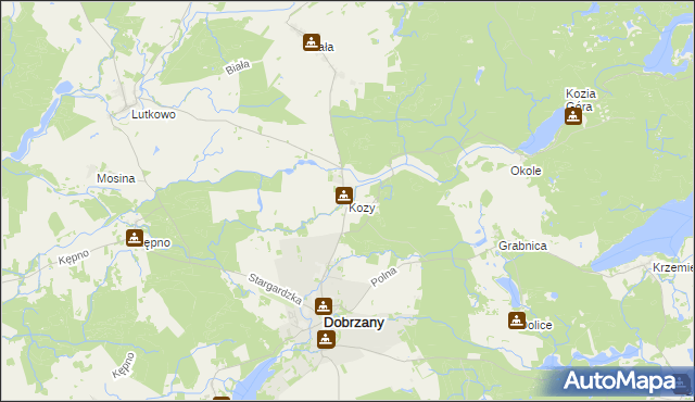 mapa Kozy gmina Dobrzany, Kozy gmina Dobrzany na mapie Targeo