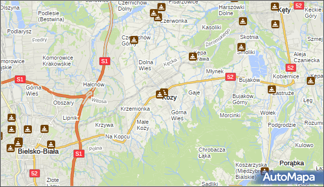 mapa Kozy powiat bielski, Kozy powiat bielski na mapie Targeo