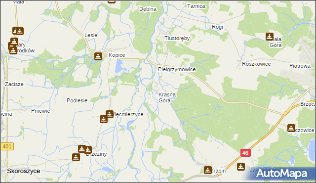 mapa Krasna Góra gmina Niemodlin, Krasna Góra gmina Niemodlin na mapie Targeo