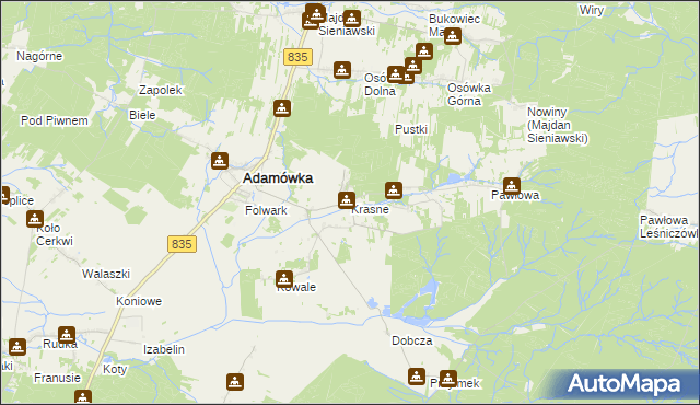 mapa Krasne gmina Adamówka, Krasne gmina Adamówka na mapie Targeo