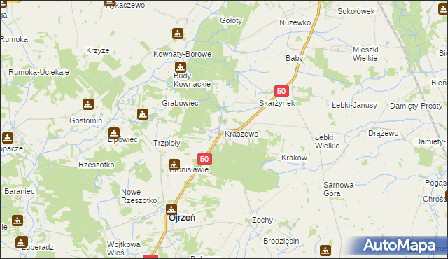 mapa Kraszewo gmina Ojrzeń, Kraszewo gmina Ojrzeń na mapie Targeo