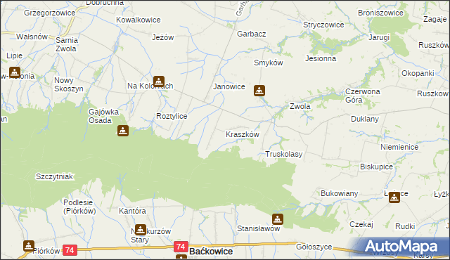 mapa Kraszków gmina Waśniów, Kraszków gmina Waśniów na mapie Targeo