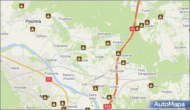 mapa Krzaki gmina Pysznica, Krzaki gmina Pysznica na mapie Targeo