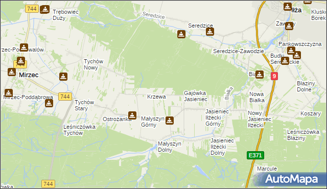 mapa Krzewa gmina Mirzec, Krzewa gmina Mirzec na mapie Targeo