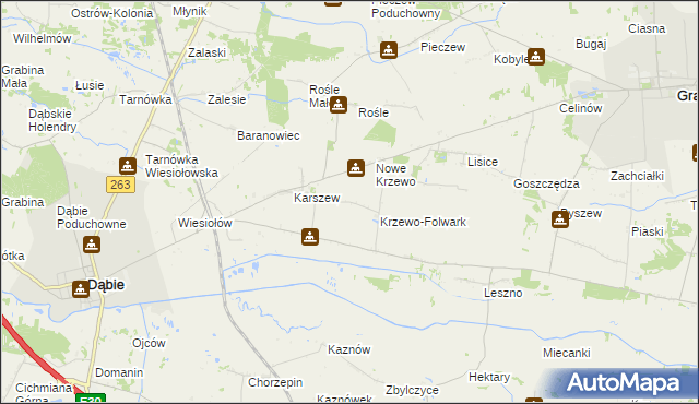 mapa Krzewo gmina Dąbie, Krzewo gmina Dąbie na mapie Targeo