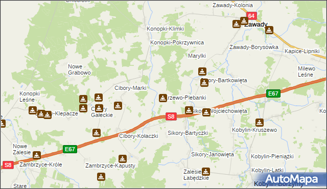 mapa Krzewo-Plebanki, Krzewo-Plebanki na mapie Targeo