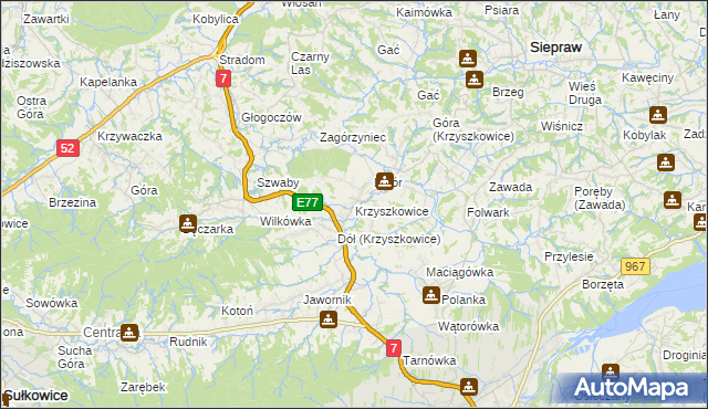 mapa Krzyszkowice gmina Myślenice, Krzyszkowice gmina Myślenice na mapie Targeo