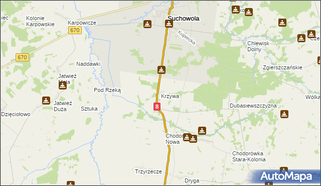 mapa Krzywa gmina Suchowola, Krzywa gmina Suchowola na mapie Targeo