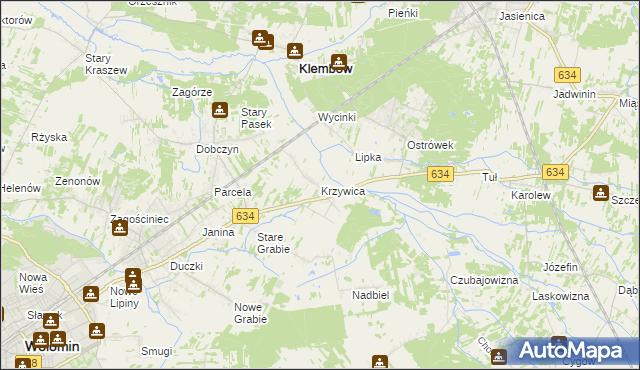 mapa Krzywica gmina Klembów, Krzywica gmina Klembów na mapie Targeo