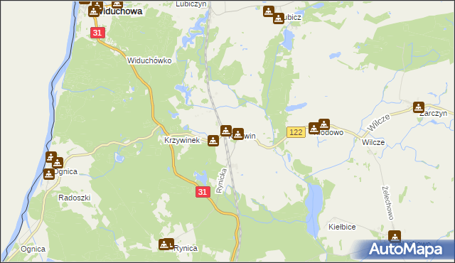 mapa Krzywin gmina Widuchowa, Krzywin gmina Widuchowa na mapie Targeo