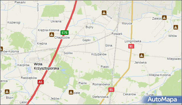 mapa Krzyżanów gmina Wola Krzysztoporska, Krzyżanów gmina Wola Krzysztoporska na mapie Targeo