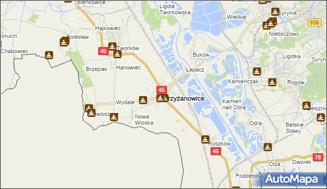 mapa Krzyżanowice powiat raciborski, Krzyżanowice powiat raciborski na mapie Targeo