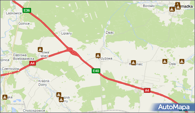 mapa Krzyżowa gmina Gromadka, Krzyżowa gmina Gromadka na mapie Targeo