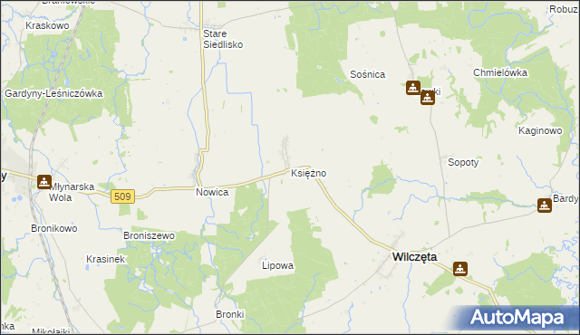 mapa Księżno gmina Wilczęta, Księżno gmina Wilczęta na mapie Targeo